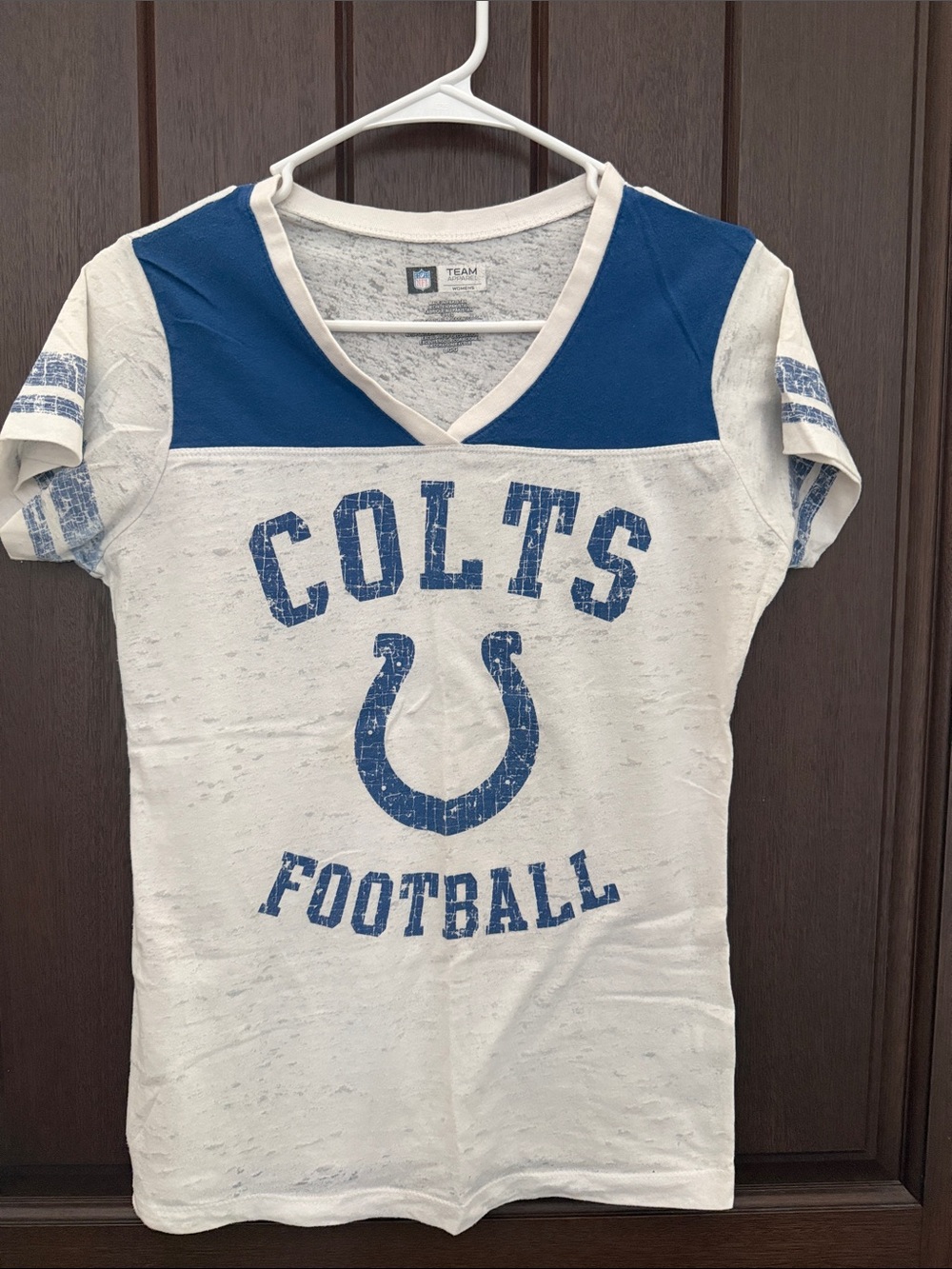 NFL Colts Girls' Short Sleeve V-Neck Tee - White & Blue